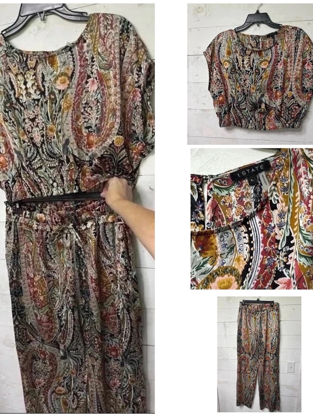NWOT 1. State Paisley Floral Print Two-Piece Pantsuit in Rust, Mustard & Black